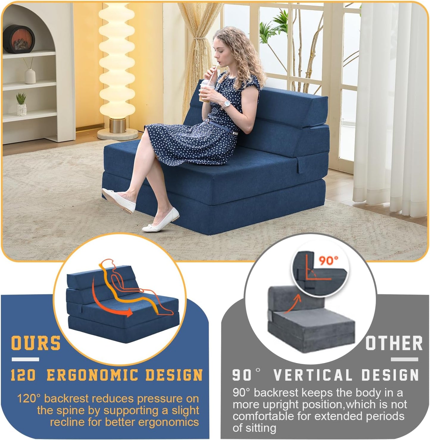 jela Foldable Sofa Bed Soft Foam Convertible Sleeper Chair Luxury Miss Fabric Fold Out Chair Bed Floor Couch with Back Support Floor Sofa for Living Room Bedroom (83"x33",Navy)