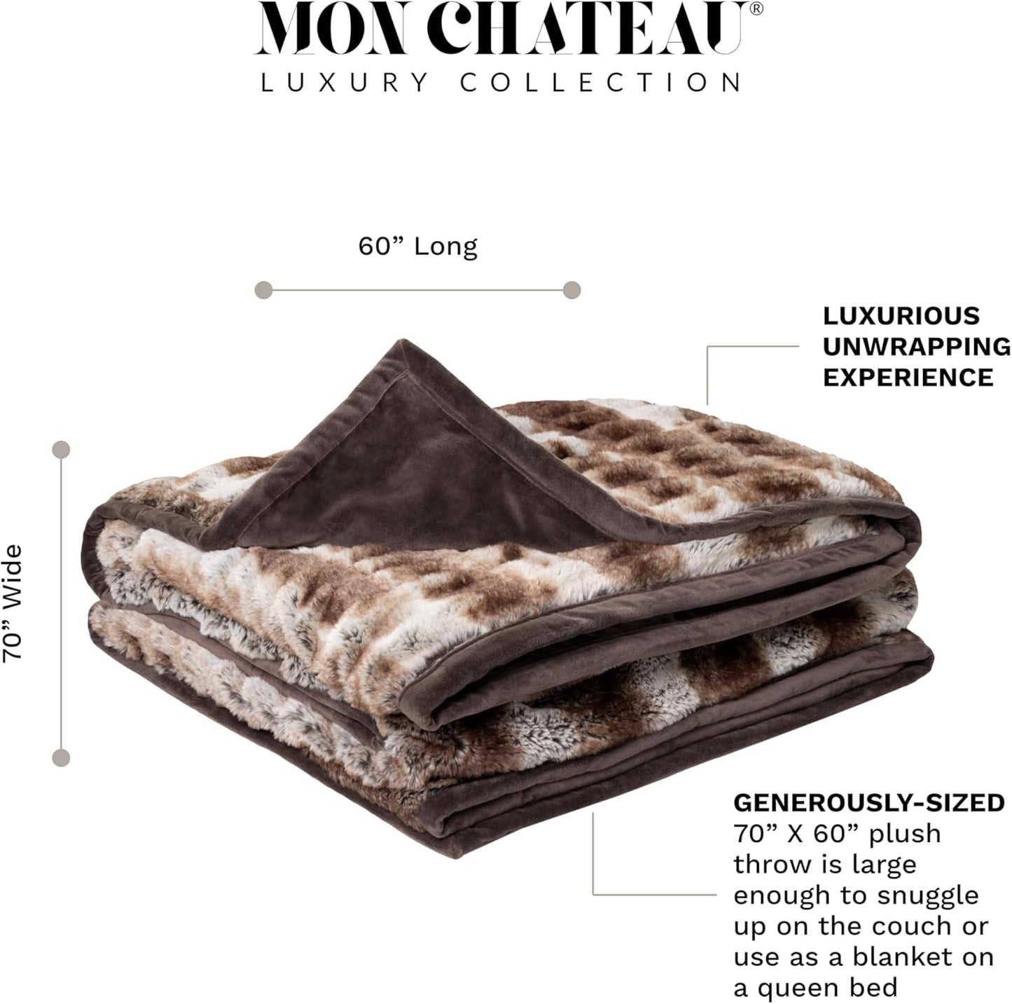 Mon Chateau Premium Reversible Luxury Faux Fur Throw for Couch, Sofa, or Bed - Plush Cozy Soft Blanket for Sleeping or Home Décor, 60" x 70" (Ruched Dark Brown)