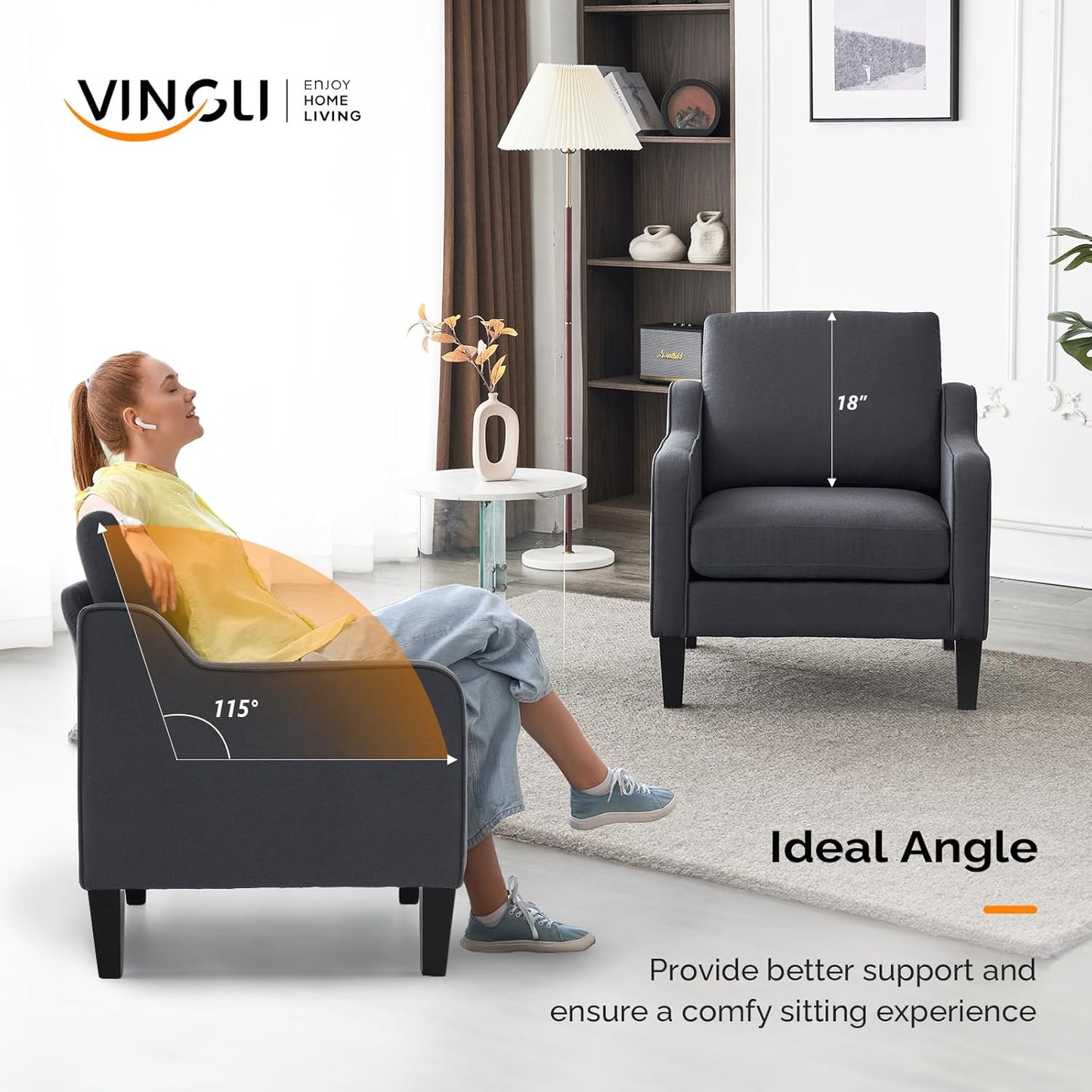 VINGLI Accent Chairs Set of 2 Living Room Chairs Dark Grey Reading Chair for Bedroom Scooped Arm Chair Mid Century Modern Linen Chairs Upholstered Comfy Chair for Apartment, Waiting Room