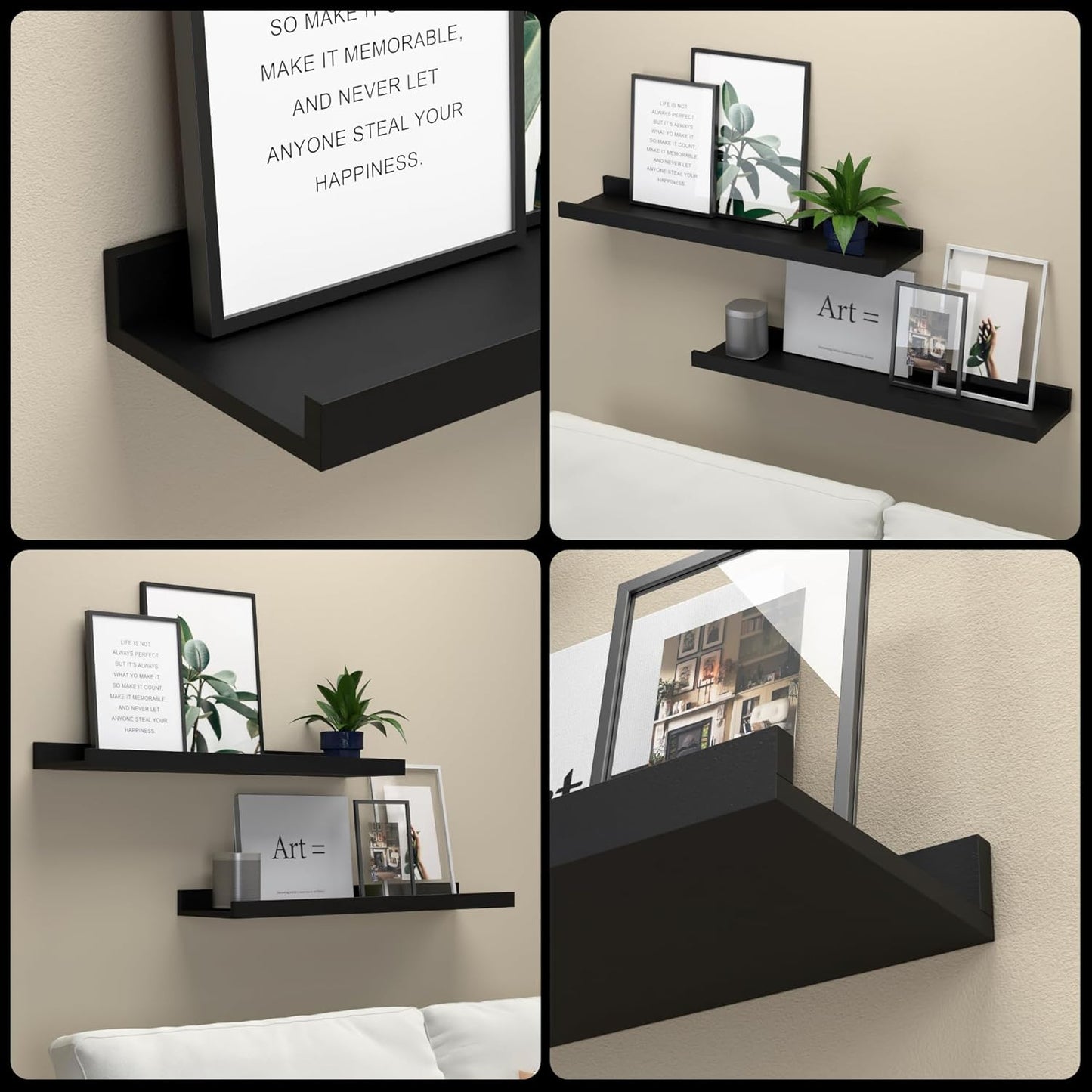 RICHER HOUSE 3 Set Floating Shelves for Wall, Black Wall Mounted Shelves with Lip for Storage, Display Picture Ledge Shelf for Bedroom Bathroom Kitchen Living Room Decor, Modern Black