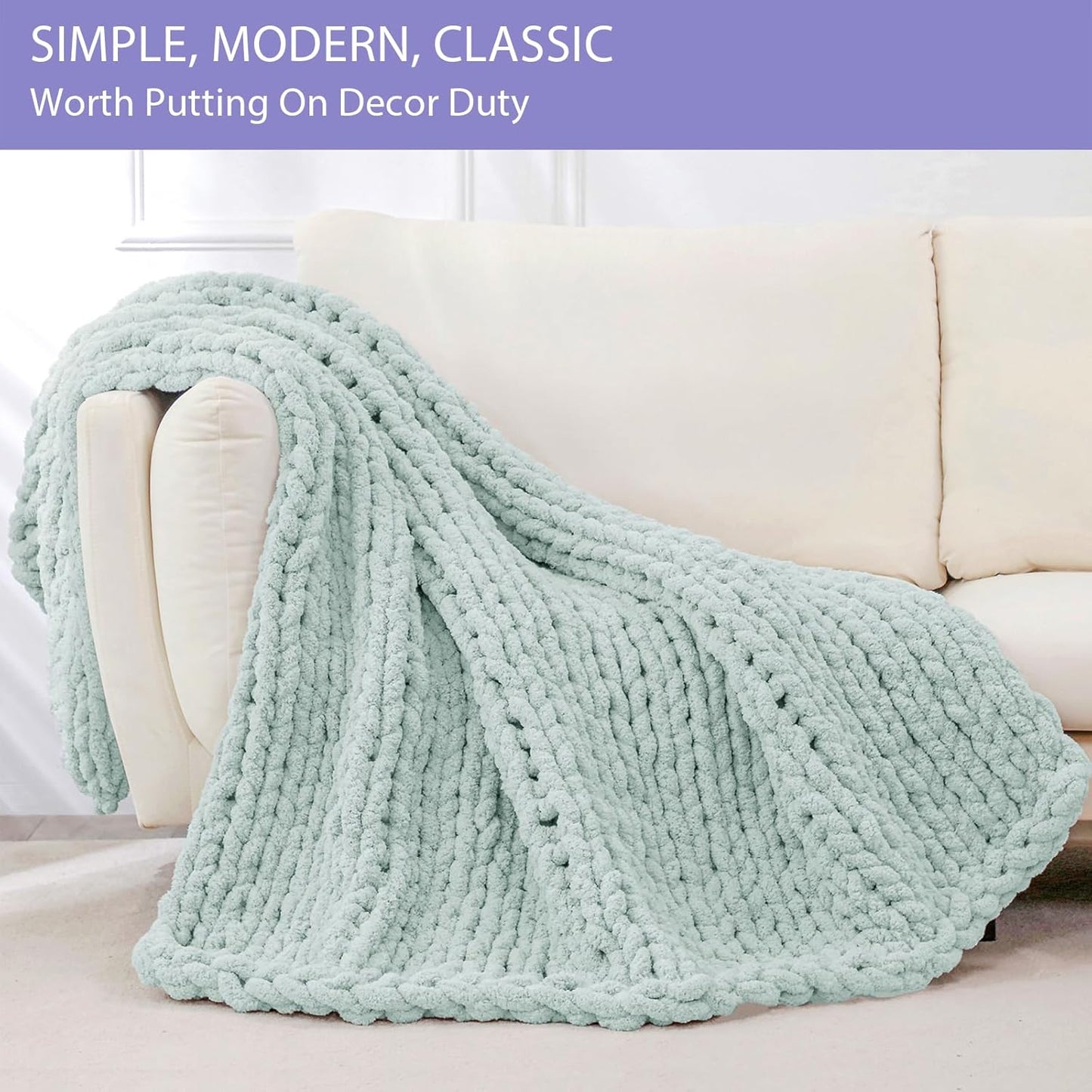 Bigacogo Chunky Knit Throw Blanket for Couch, 40x80 inches, 100% Hand Knitted with Thick Jumbo Chenille Yarn, Cozy Soft Large Rope Knot Cable Crochet Blankets for Sofa Bed Living Room, Mint