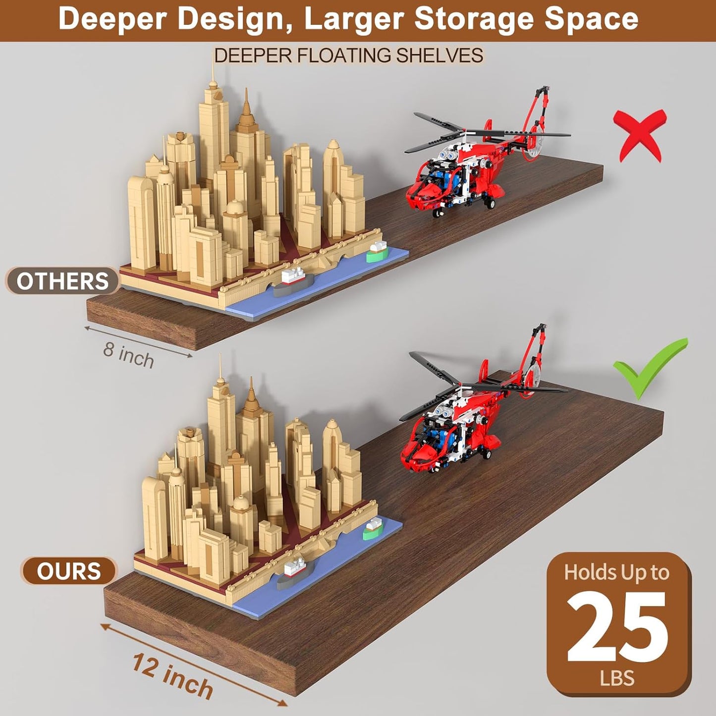 12 Inch Deep Floating Shelves for Wall 3 Pack Floating Shelves Large Storage Space Wall Mount Shelf for Living Room Kitchen Bathroom 30" W x 12" D x 1.2" H Walnut