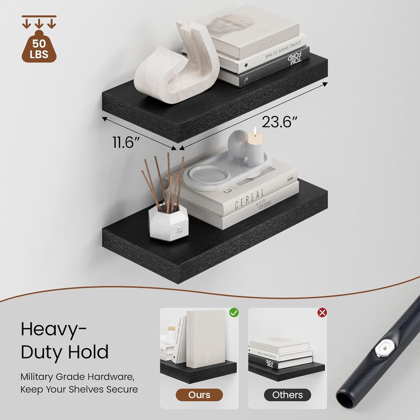 Heimlove 12" Deep Black Floating Shelves for Wall, 24 Inch Wall Shelf Bathroom Shelves Set of 2, Wall Mounted Shelves for Books Living Room Laundry Room Bedroom Kitchen Home Office