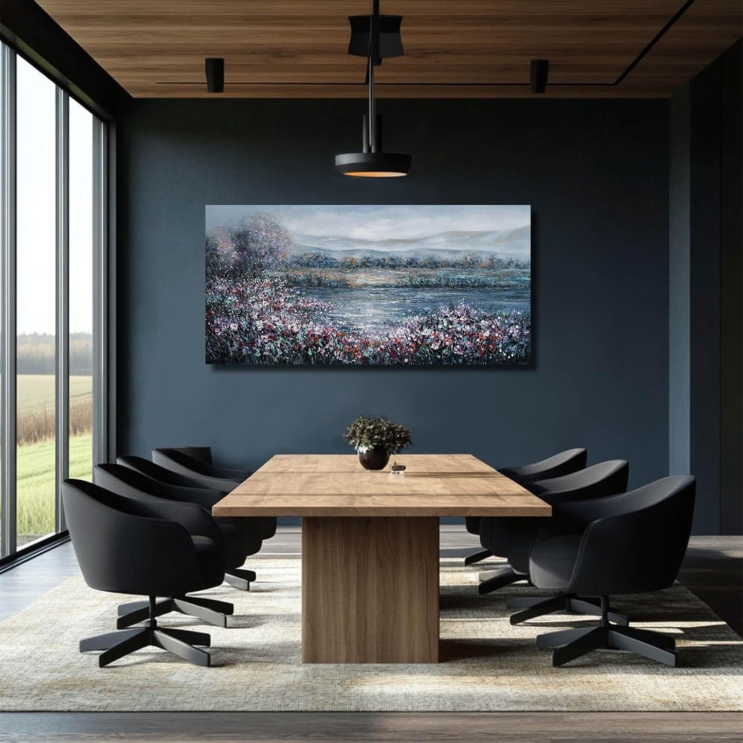 CHUDANHAO Abstract Wall Art for Bedroom White Wall Decor Purple Flower Artwork Landscape Wall Paintings 24"x48" Navy Blue Pictures for Walls