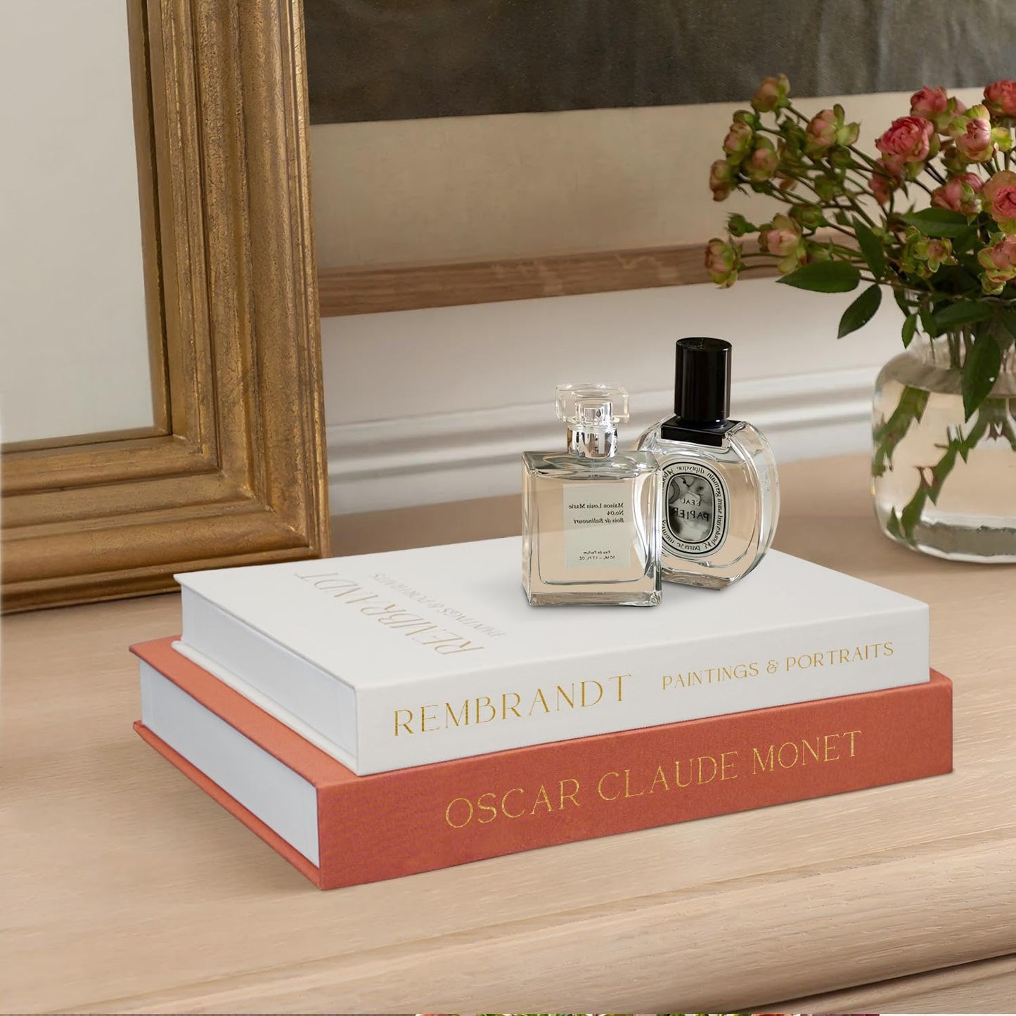 Linen Decorative Books for Home Decor,Set of 2 Aesthetic Faux Decor Book for Decoration,Fake Books for Bookshelf,Keepsake Storage Box (Orange & Beige)