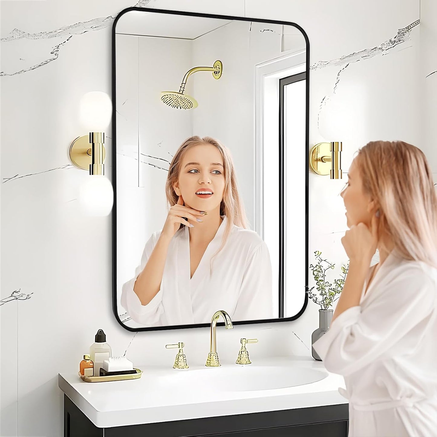 Fabuday Big Black Bathroom Mirror for Over Sink Wall - 26x38 Rounded Rectangle Mirror with Matte Metal Frame, Large Rectangular Vanity Mirrors for Bedroom, Entryway, Horizontally/Vertically