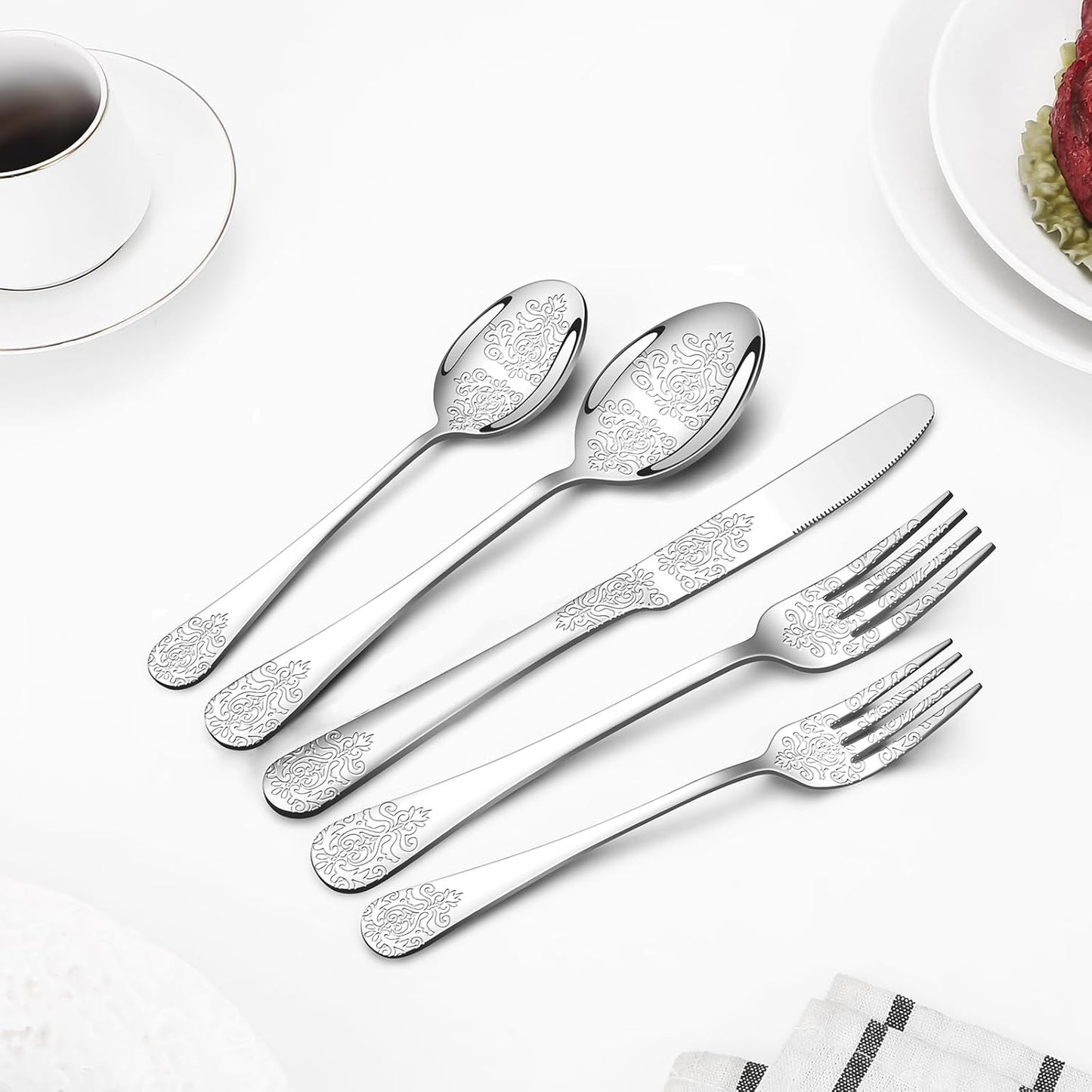 20 Pcs Silverware Set for 4 with Classical Flower Embossed Design, Food Grade Stainless Steel Flatware Set, Eating Utensils Sets Include Fork/Knife/Spoon, Reusable Cutlery Set, Dishwasher Safe
