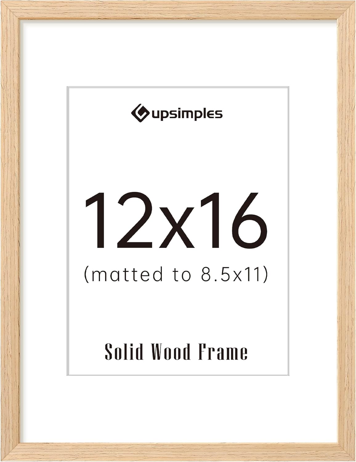 upsimples 12x16 Frame, Natural Solid Wood Picture Frames, Display 8.5x11 with Mat or 12 x 16 Without, Vertical & Horizontal Wall Hanging, 1 Pack, Natural