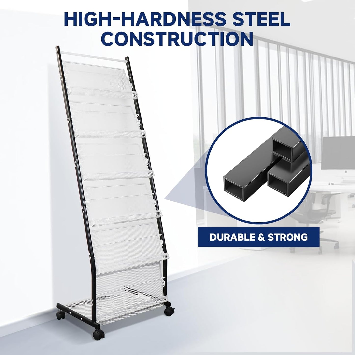 6-Tier Floor-Standing Magazine Rack with Wheels – Perfect Brochure Display Stand for Exhibitions, Offices, and Information Hubs