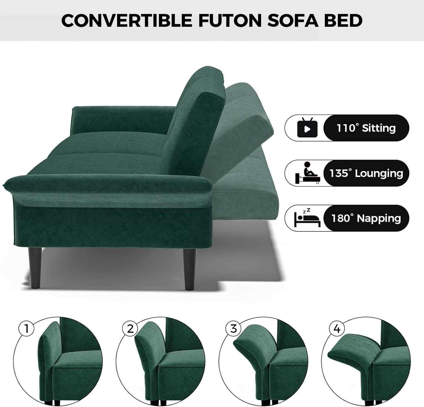 89” Futon Sofa Bed, Velvet Fabric Comfy Futon Couch Bed with 2 Square Pillows, Convertible Sleeper Sofa with Adjustable Backrest& Armrests, Modern Loveseat Sleeper for Living Room, Bedroom