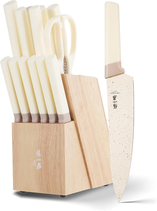 Zhang Xiao Quan Since 1628 15Piece Kitchen Knife Set,Knife Block Set with Ceramic-Coated Blade Ergonomic Handle(Cream)