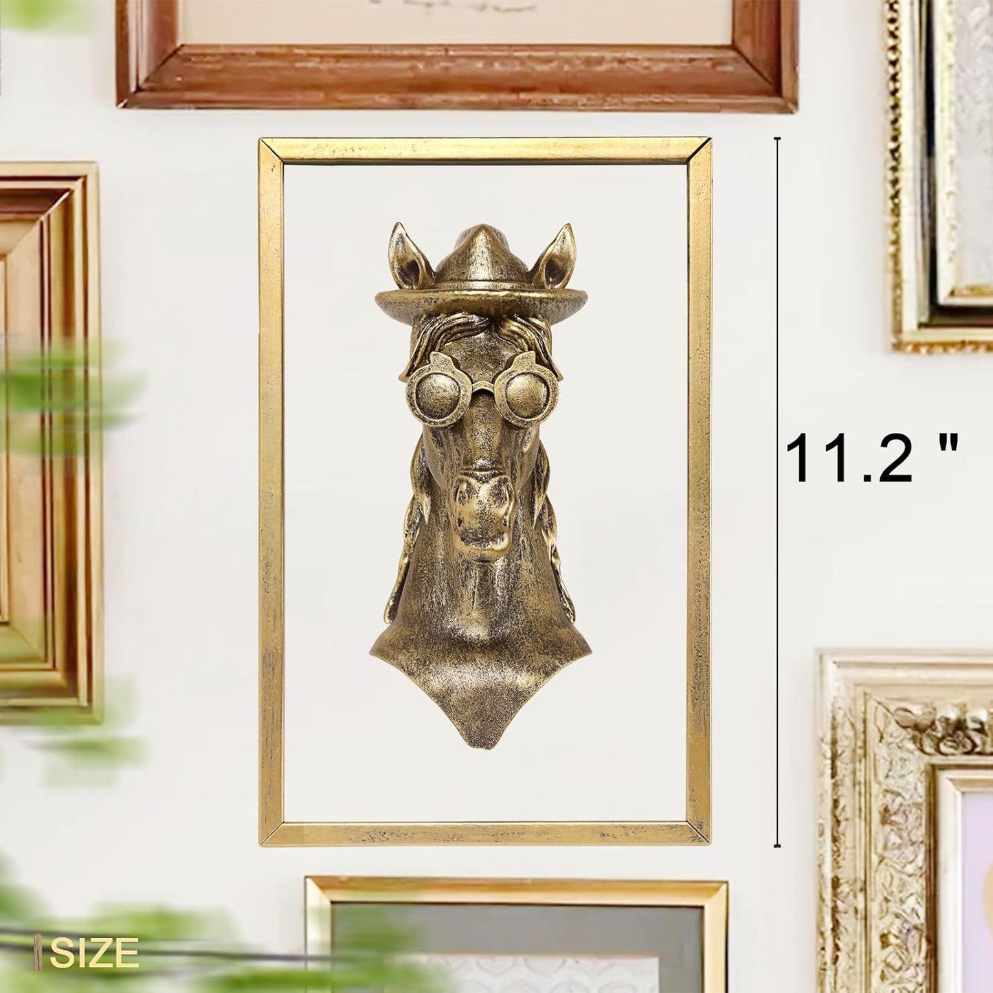 Animal Heads Wall Decor (Includes Metal Frame) Resin Animals Sculptures Head Wall Hanging Decoration Gold vintage Wall Sculpture for Living Room Bedroom Office(Horse)