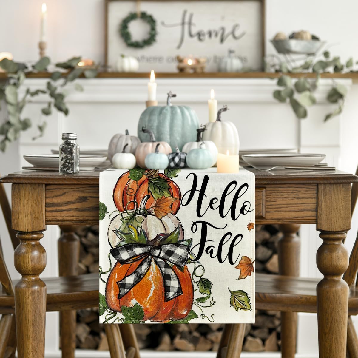 Artoid Mode Pumpkins Bowknot Maple Leaf 210 GSM Fall Table Runner, Seasonal Autumn Kitchen Dining Table Decoration for Home Party Decor 13x108 Inch