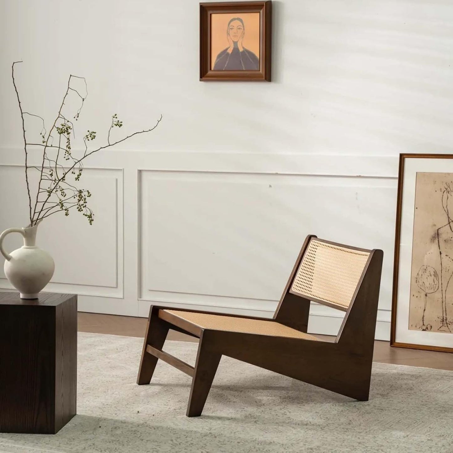 Mid-Century Accent Chair, Rattan Lounge Chair for Living Room, Boho Side Corner Comfy Chair for Bedroom and Balcony, Walnut