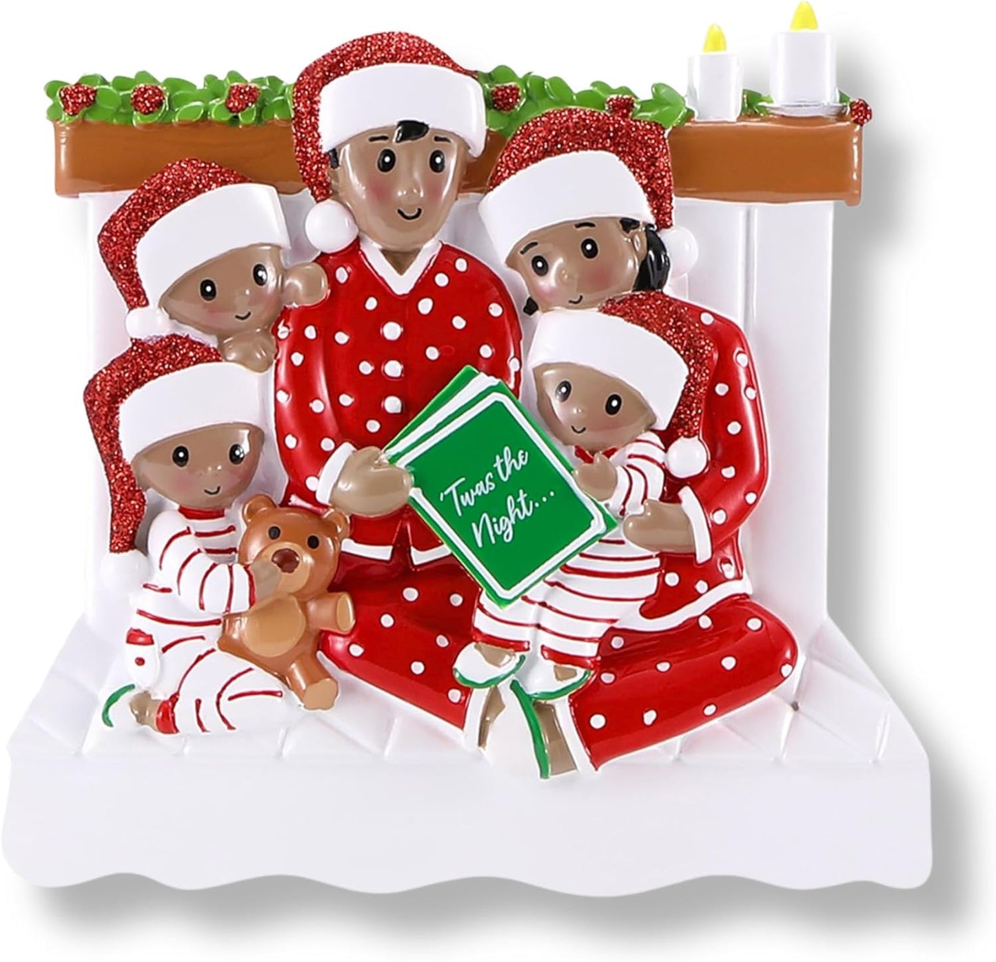 African American Bedtime Reading Family of 5 Christmas Ornament 2025 Personalized Family Christmas Ornaments 2025 | Black Book Night Personalized Tree Ornaments Matching Pajamas of Five Ornament Gifts
