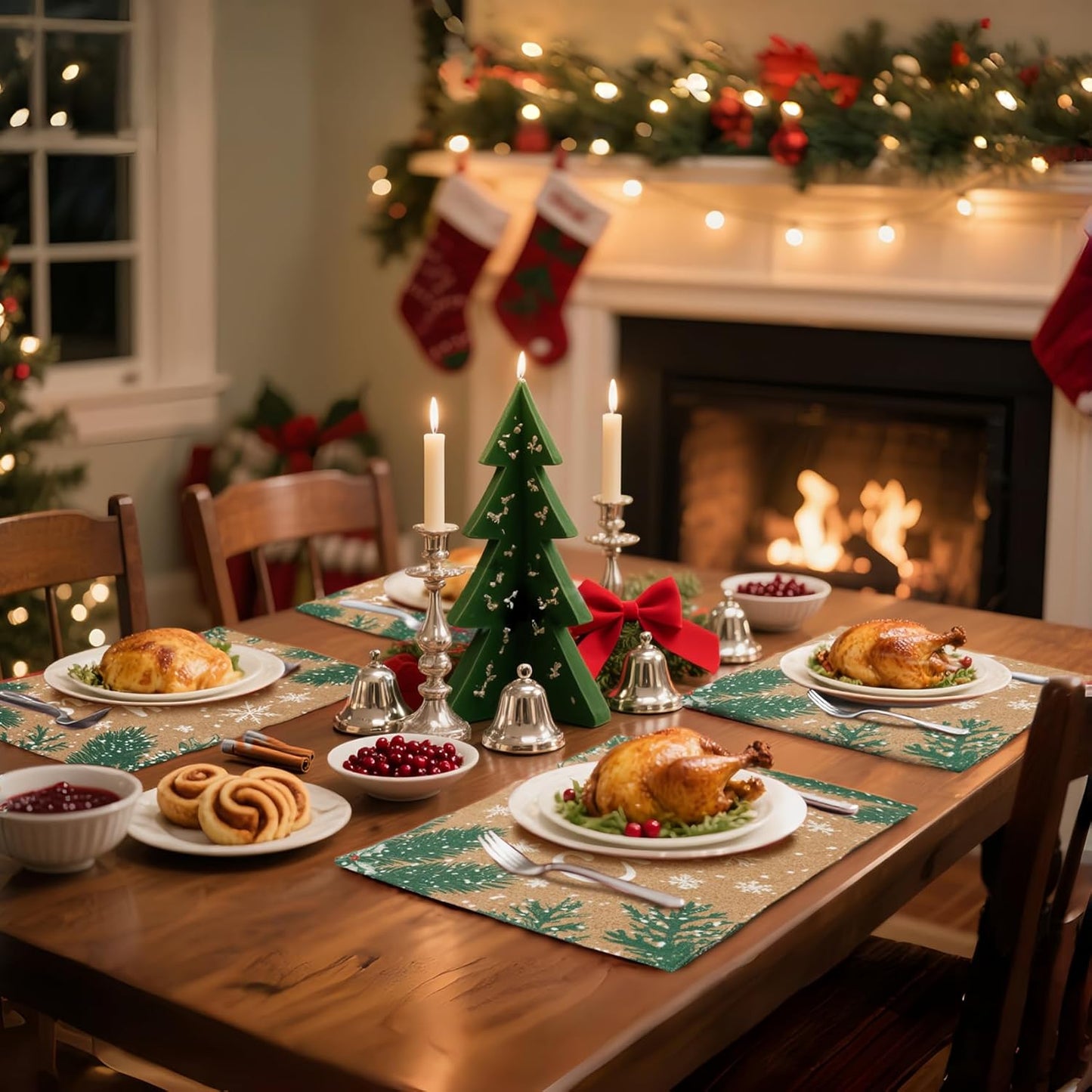 MANSPHIL Brown Christmas Placemats Set of 4 - Farmhouse Snowflake Cotton Faux Linen Cloth Place Mats Heat Resistant Washable Table Mats for Dining Kitchen - 13x19 Inch