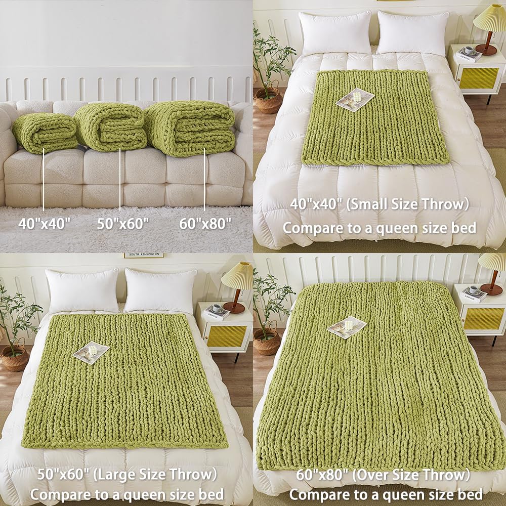 WESHIONGOO Chunky Knit Blanket Throw 50"×60" Knitted Throw Blankets for Couch Bed Fluffy Soft Blanket with Jumbo Chenille Yarn Thick 100% Handmade (Lime Green)