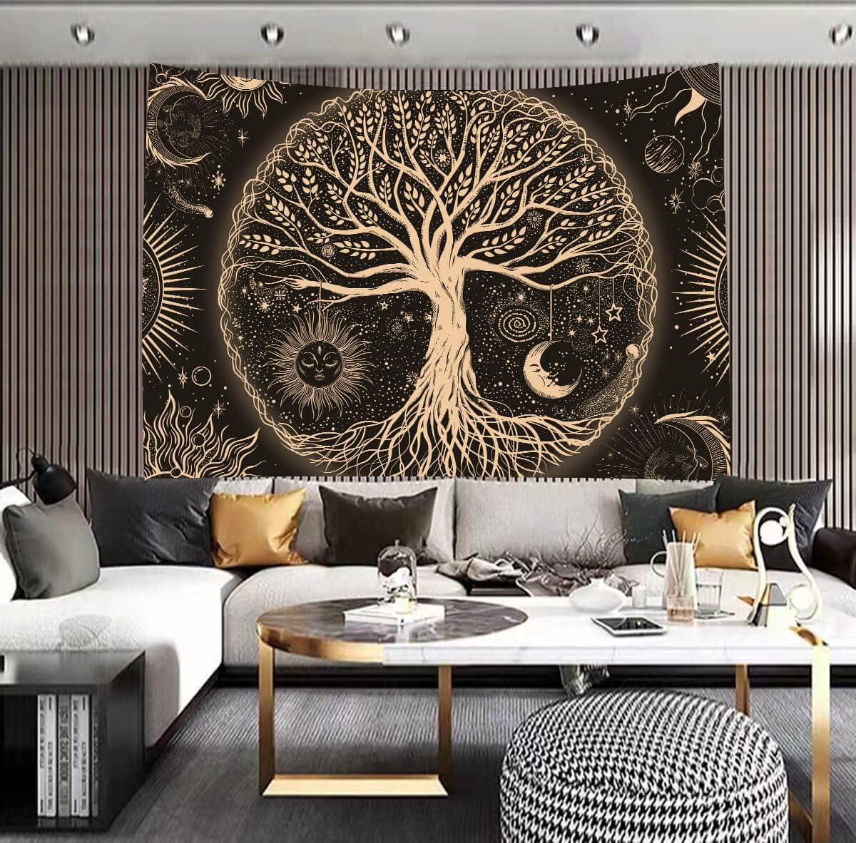 FORATER Tree of Life Tapestry Wall Hanging Sun Moon Stars Tapestries Aesthetic Galaxy Wall Tapestry Nature Home Decoration for Living Room Bedroom(61 x 82 Inch, Black and Gold)