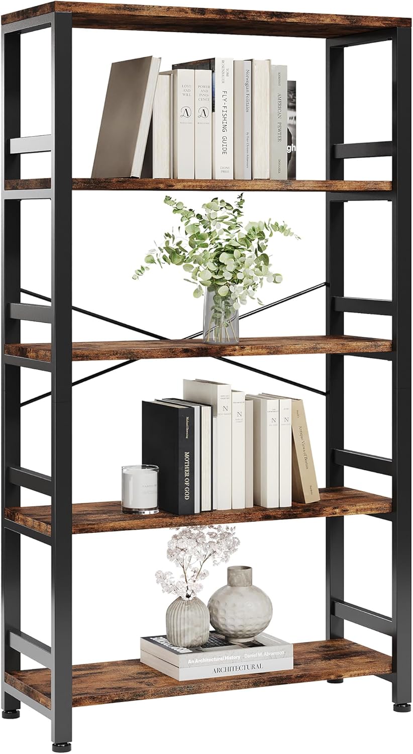 IRONCK Bookshelves and Bookcases, 31.5in Wide Shelf 5-Tier Ladder Shelf 110lbs/shelf Vintage Industrial Style Bookcase for Bedroom Living Room Home, Vintage Brown