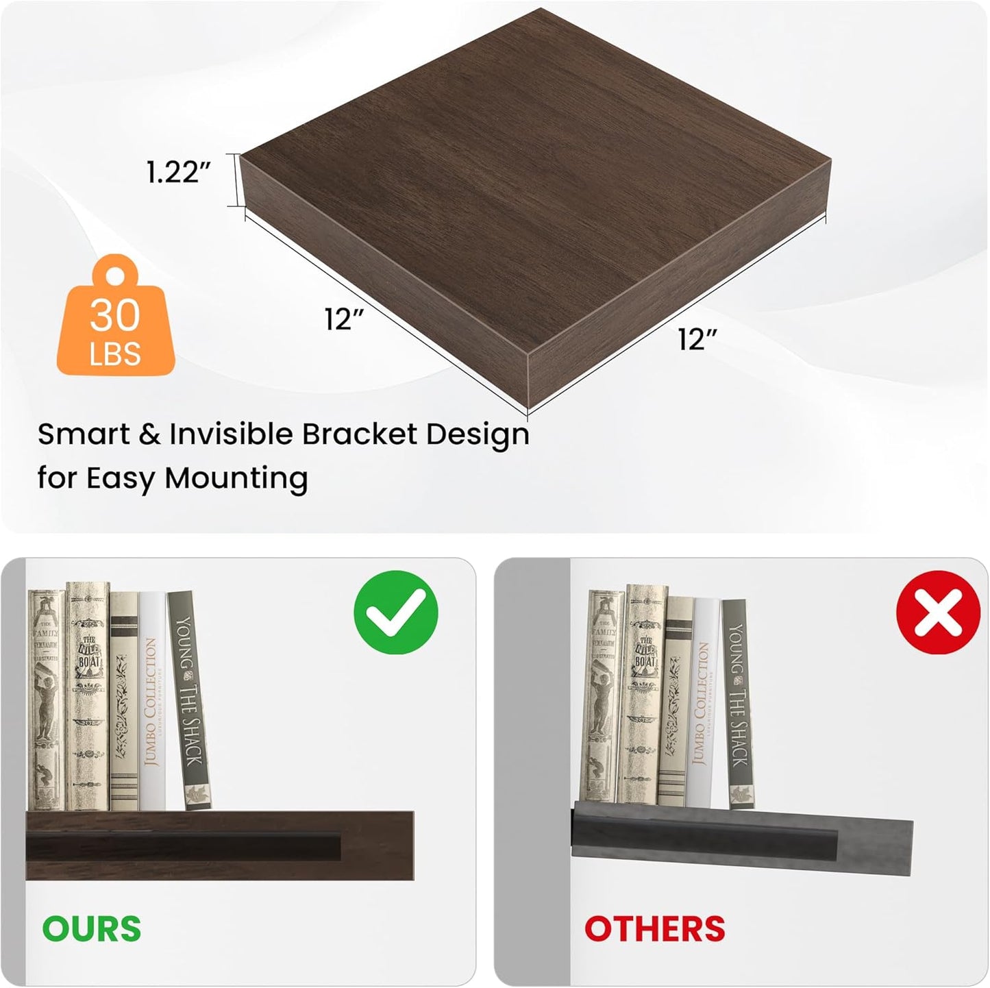 Square Floating Shelves for Wall, 12" W x 12" D x 1.2" H, Small Wooden Wall Mounted Display Shelves with Invisible Brackets for Living Room, Bedroom, Bathroom, Kitchen Decor, Set of 3, Walnut