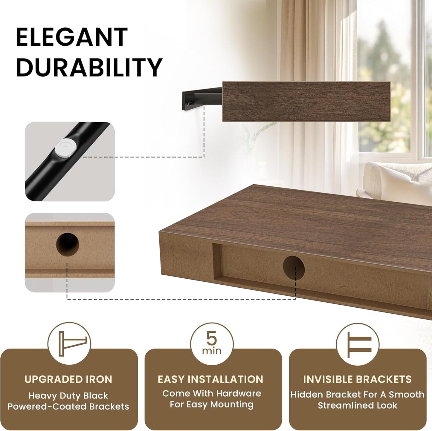 Floating Shelves for Wall, 72"W x 9.3"D x 1.5"H, Long Wooden Wall Mounted Display Shelves with Invisible Brackets for Living Room, Bedroom, Bathroom, Kitchen Decor and Storage, Set of 1, Walnut