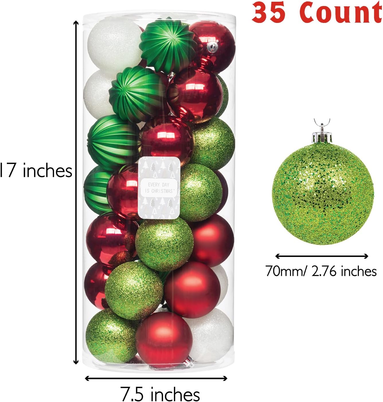 Every Day is Christmas Ornaments, Shatterproof Christmas Tree Ornament Set, Christmas Balls Decoration 35 Count (2.75"/70mm, Green Red White)