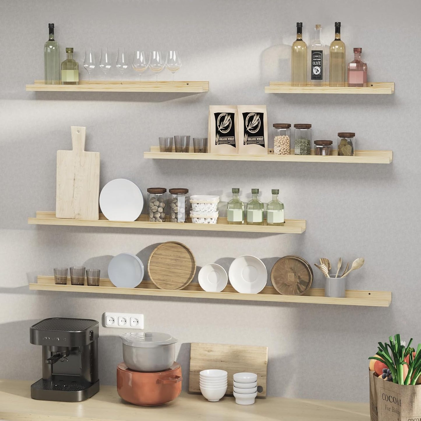 SAUMONIERES Picture Ledge Shelf Floating Book Shelves Set of 2 Wall Mounted Solid Wood for Bedroom Bathroom Living Room Kitchen, 36 Inch Natural