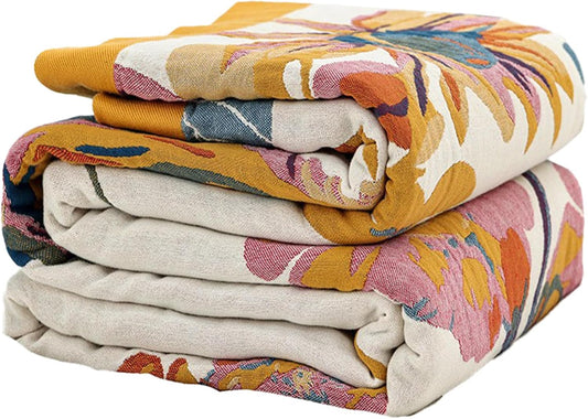 Boho Throw Blanket for Couch Sofa Bed, 100% Cotton Woven Quilt with Tassel 80”x90”, Super Soft Muslin Blanket with Floral Printed, Decorative Reversible Bed Blanket/Cover for All Seasons