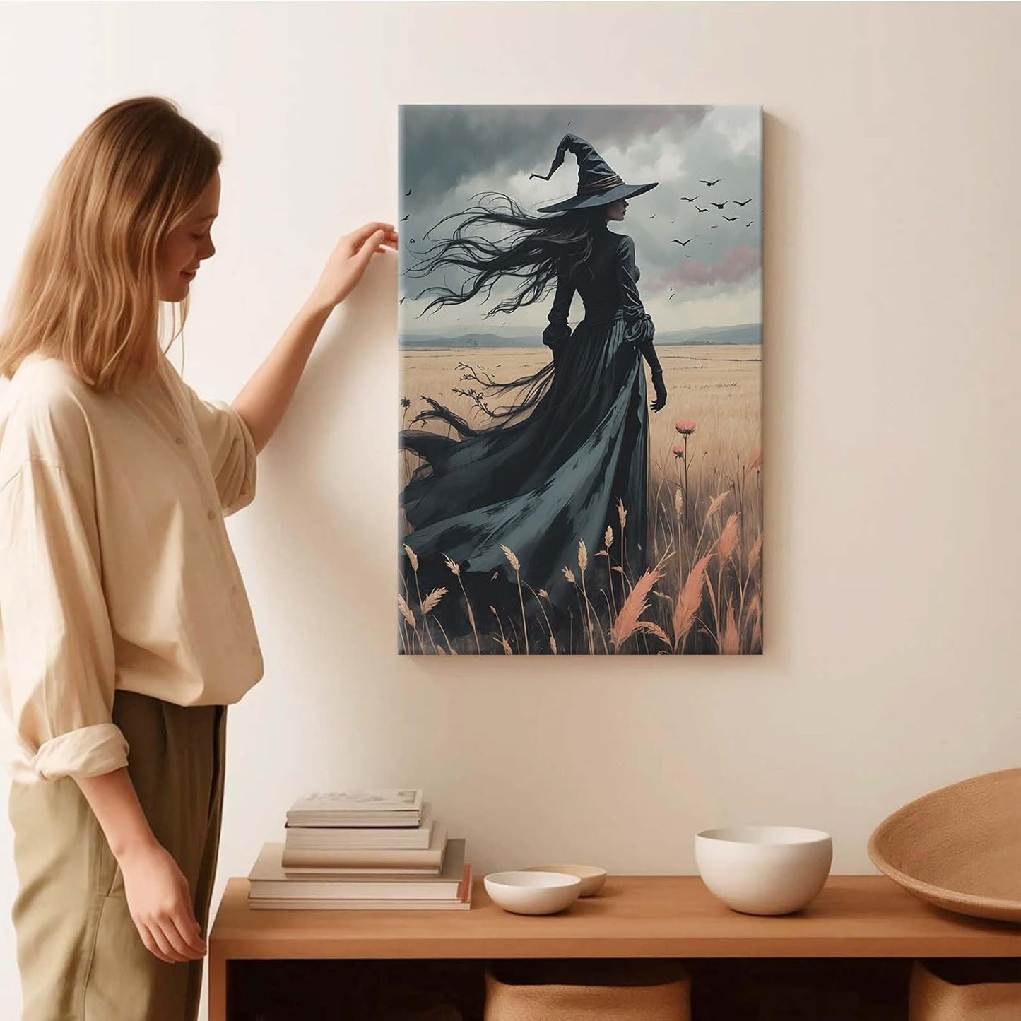 JFHCQJPK Gothic Decor Canvas Wall Art Witch in Rice Field Halloween Art Decor Print Nature Print Victorian Home Bedroom8x12in Frameless