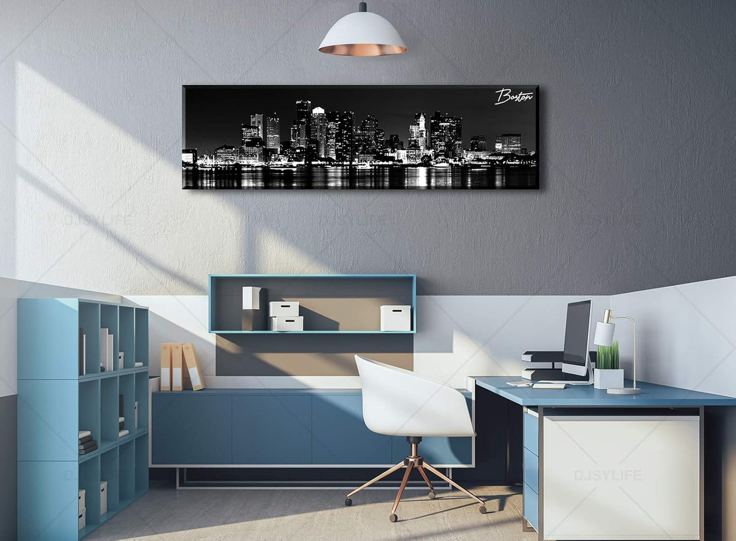 DJSYLIFE Boston Skyline Wall Art Canvas Wall Art Black and White Modern Panoramic Cityscape Pictures Paintings for Bedroom Office Decor, Ready to Hang 13.8"x47.3"