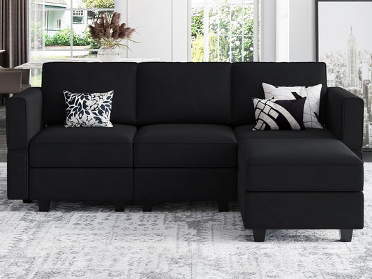 Belffin Modern L Shaped Velvet Sectional Sofa with Chaise, Black, Storage, Adjustable Arm/Backrest