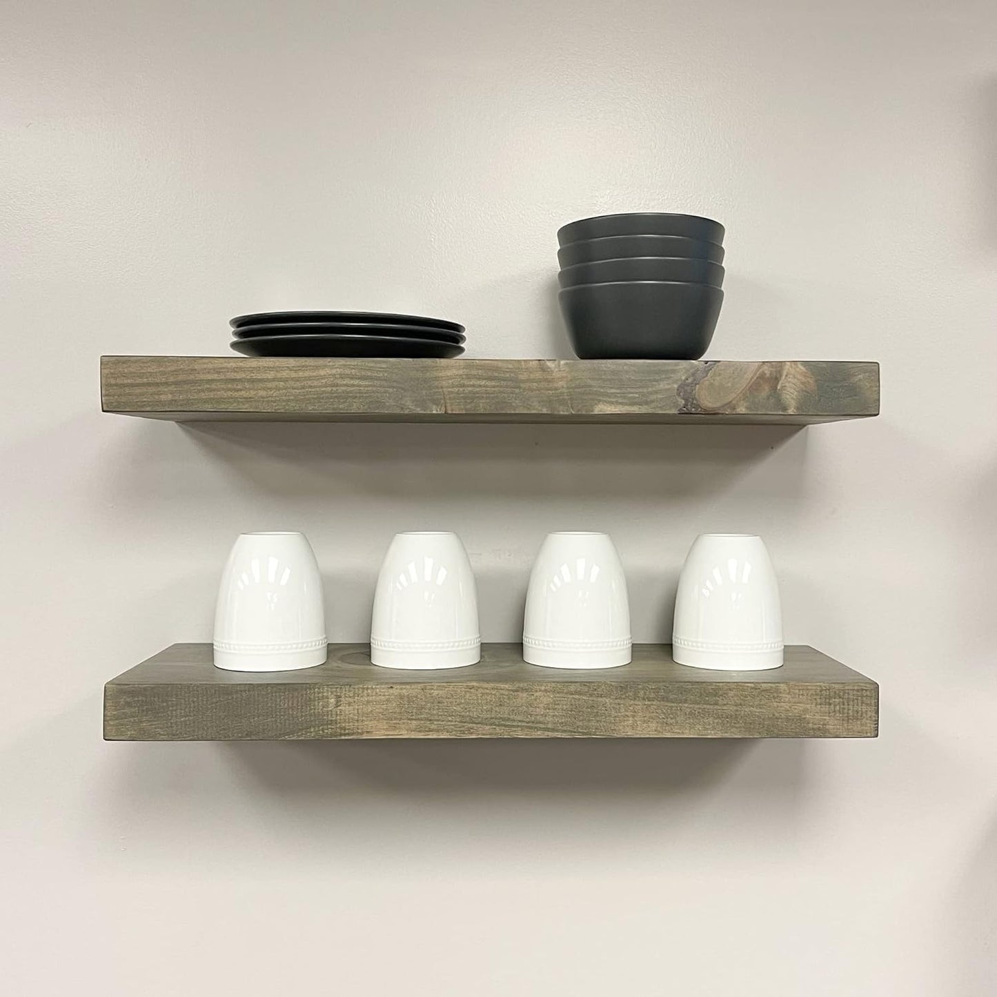 URBANDI, Rustic Floating Shelves, Set of 2, Hidden Bracket, Solid Wood, Heavy Duty, Wall Mounted Shelves, (Grey, 24Wx12D)