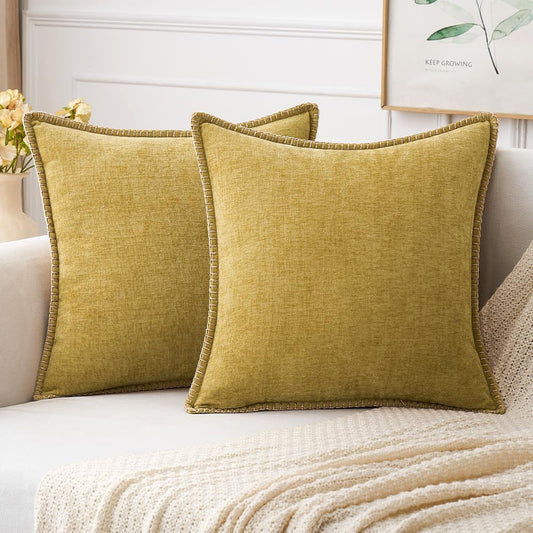 MIULEE Pack of 2 Couch Throw Pillow Covers 16x16 Inch Mustard Yellow Farmhouse Decorative Pillow Covers with Stitched Edge Soft Chenille Solid Dyed Fall Pillow Covers for Sofa Bed Living Room