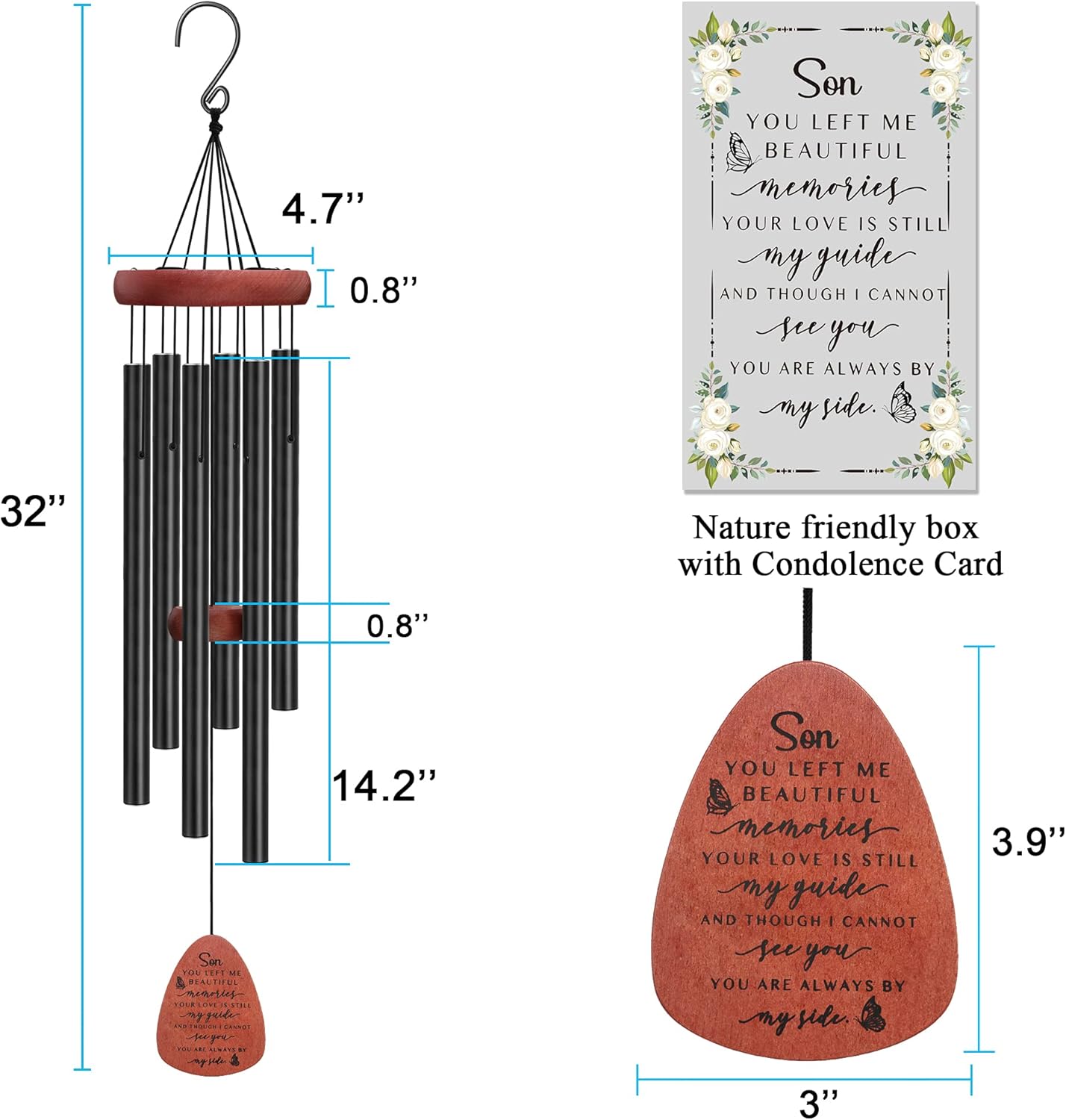 Memgift Memorial Wind Chime for Loss of Son - Outdoor Sympathy Gift for Bereavement - 32 Inch Remembrance Chime - Garden, Patio & Yard Wind Chimes for Loved One