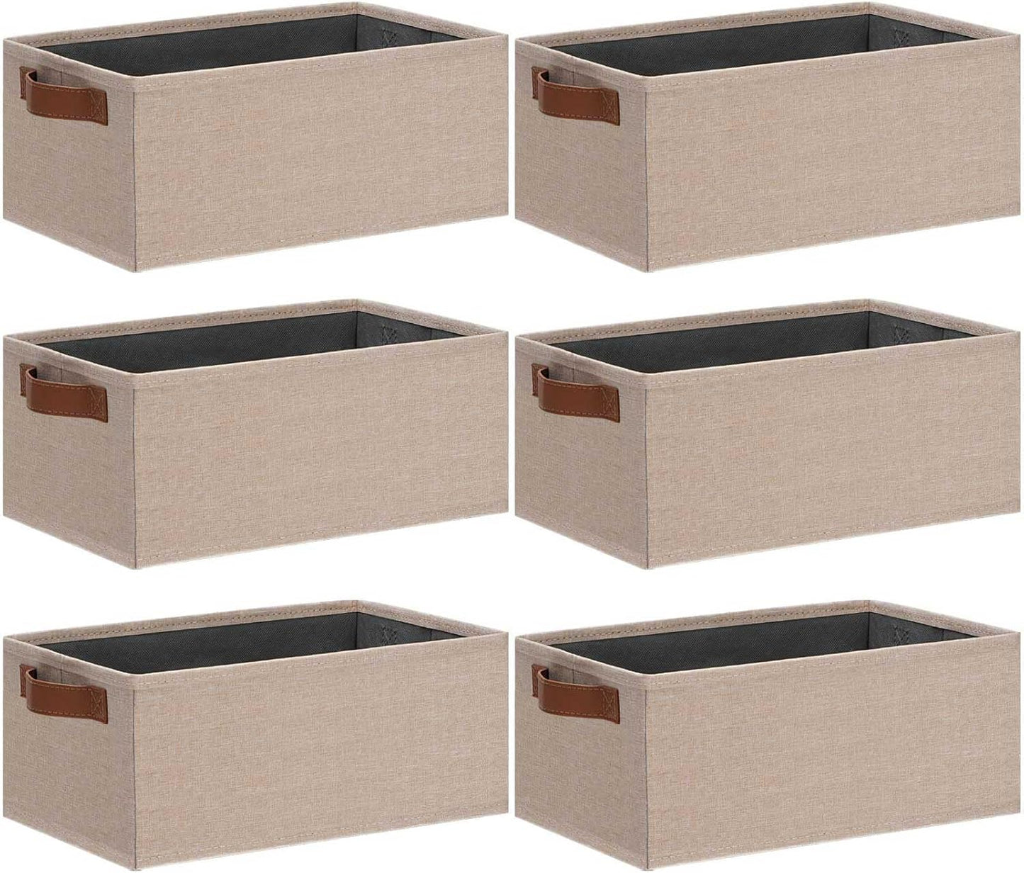GhvyenntteS Small Fabric Storage Bins 6 Pack, 11.8" x 7.87" x 5.11" Storage Basket with Leather Handles, Closet Storage Bins for Shelves, Storage Baskets for Shelves, DVD Storage (Beige Yellow)