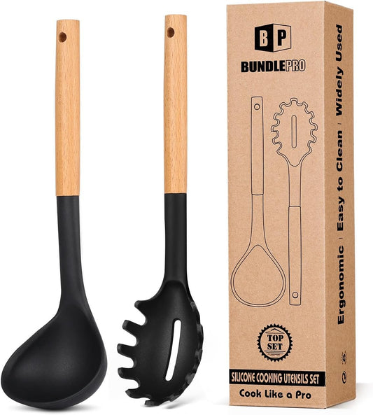 Silicone Pasta Fork and Ladle Spoon Set with Wooden Handle, Heat Resistant Non Stick Kitchen Utensils for Cooking, Stirring, Serving Spaghetti, Soup, Sauce(BLACK)