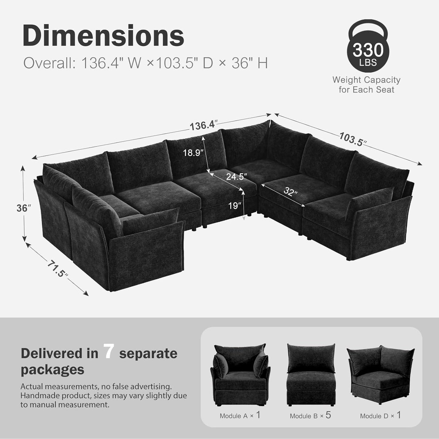 136.4" Oversized Modular Sectional Sofa, U Shaped Convertible Couch with Movable Ottoman, Large 7 Seat Corner Couches for Living Room Deep Seat Black Chenille