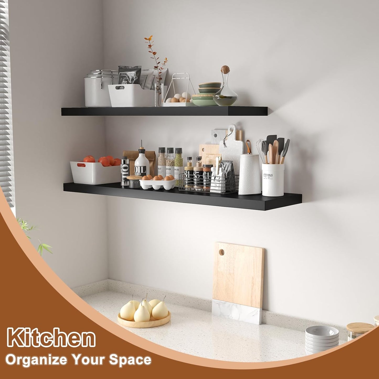 48 Inch Floating Shelf 2 Pack Large Floating Shelves for Wall No Drilling Accessories Included Deep Wall Shelves for Living Room Kitchen Farmhouse 48" W x 12" D x 1.2" Black