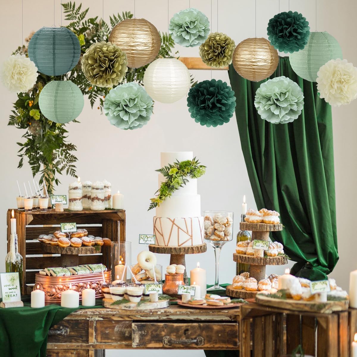 zilue Sage Green Party Decorations, Sage Green Paper Lanterns and Pom Poms Flowers for Birthday Party Baby Shower Wedding Shower Decor Gold/Ivory/Sage Green 15pcs