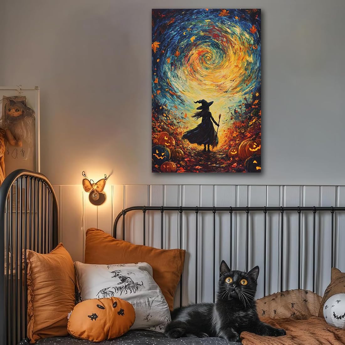 Halloween Autumn Witchy Decor Wall Art Prints,Gothic Witch in Whirlwind Autumn with Pumpkins Scene Pictures Poster,Fall Festival Home Decor Painting Canvas Poster for Bedroom Bathroom,24"x36" Framed