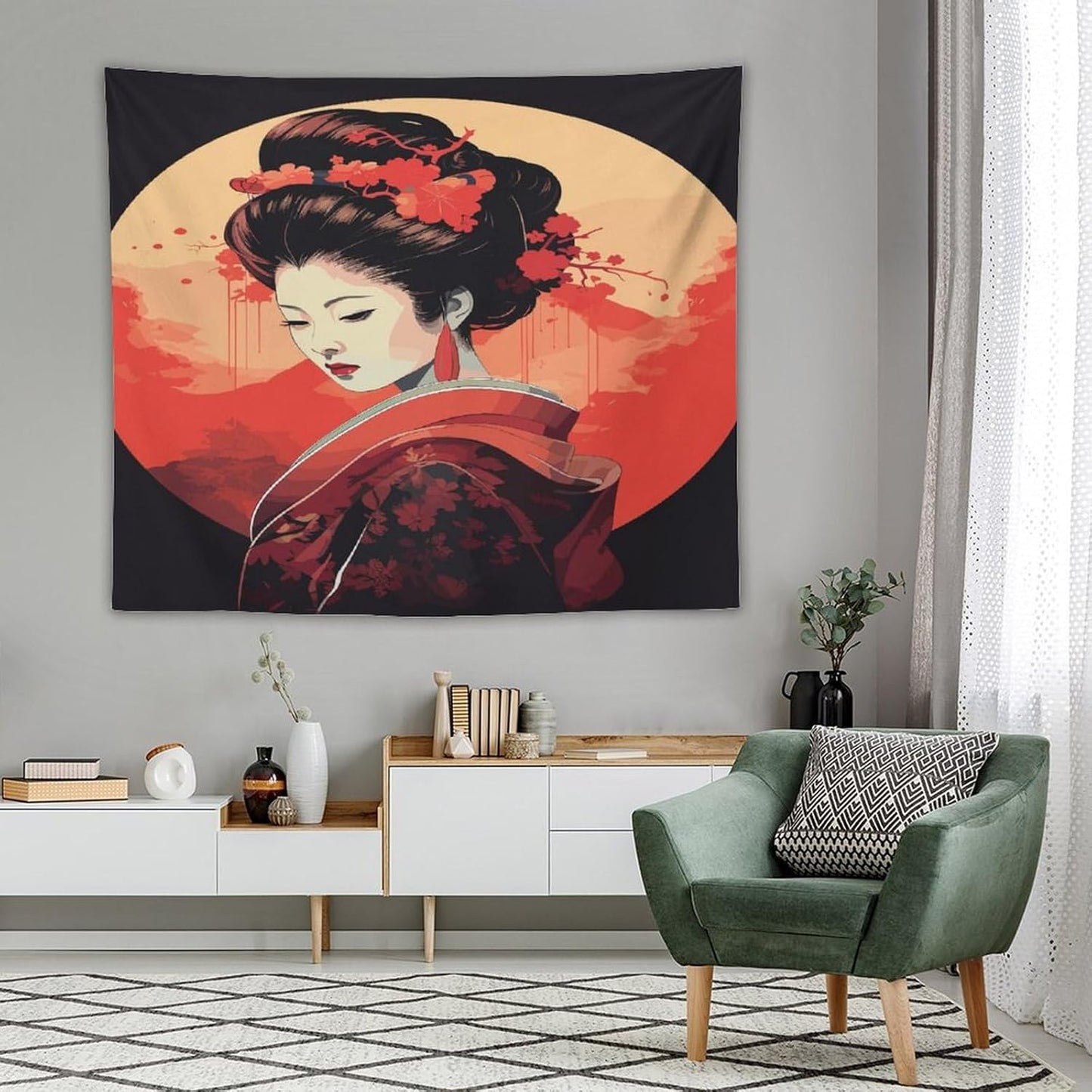 Japanese Woman Geisha Tapestry Asian Cherry Blossom Red Sun Traditional Kimono Folk Tapestries Home Decor for Living Room Bedroom Apartment Farmhouse Dorm 60"x50"