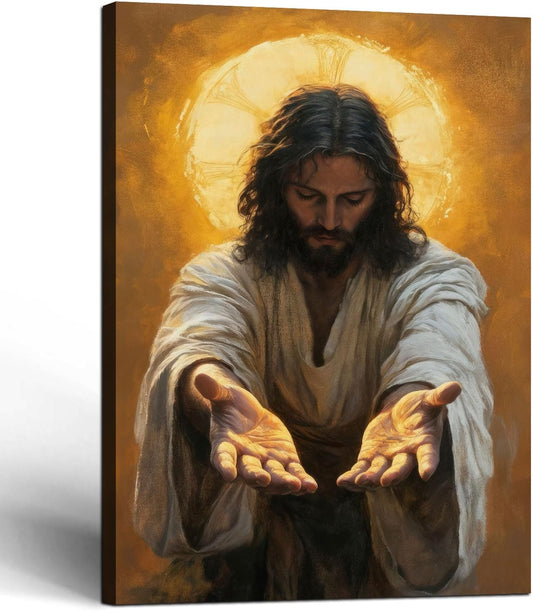 Framed Jesus Canvas Wall Art Painting with Gold Halo Christian Religious Poster Inspirational Christian Gallery Decor Painting Home Church Prayer Room Wall Hanging Print 12x16 Inch Ready to Hang