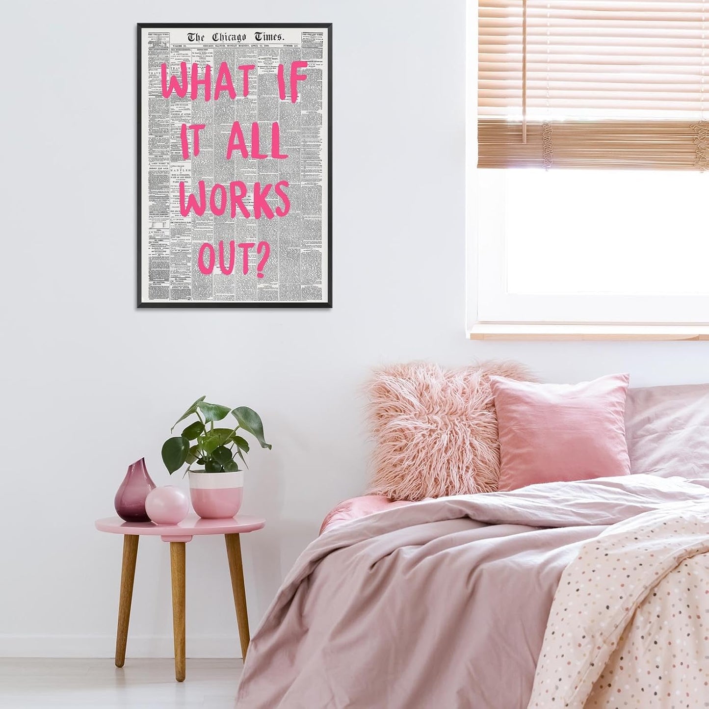 Liyark Retro Trendy Newspaper Canvas Wall Art 'What If All Works Out' Poster - Positive Affirmation Quote - Pink Font - Minimalist Home Decor - Framed 12x16in