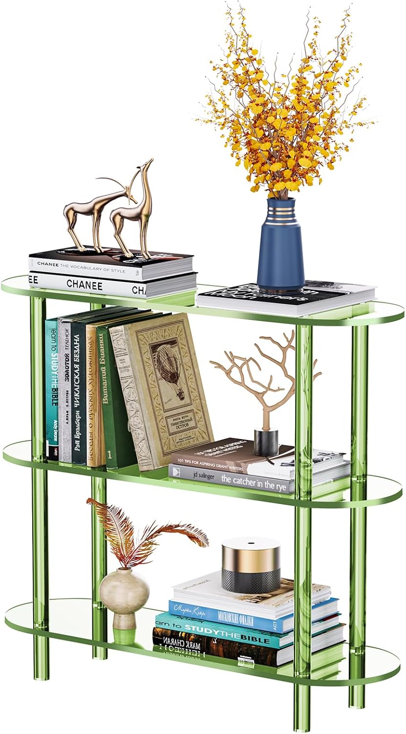 Clear Bookshelf, Acrylic Bookcase with Open Book Shelf Console Table for Entryway Office (3 Tier Green)
