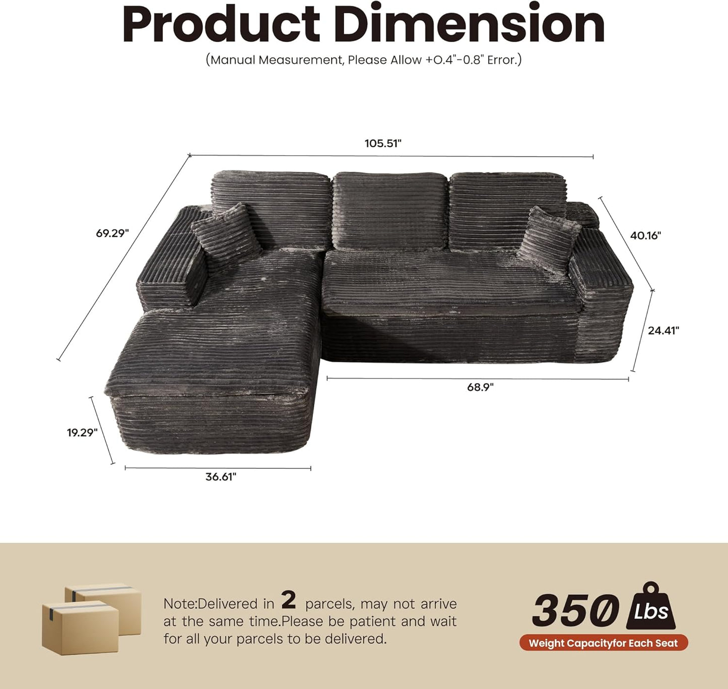 ovios 105” Modular Sectional Sofa with Thicken Seat Cushion, Cloud Couch with Deep Seat, Modern L-Shape Sofas Couches with Chaise,Upholstered Couches for Living Room Bedroom,Grey