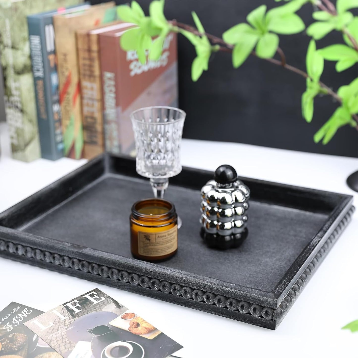 Rectangle Wood Serving Tray with Beads, Black Washed Wooden Decorative Tray for Entertaining, Decoration, and Gifting