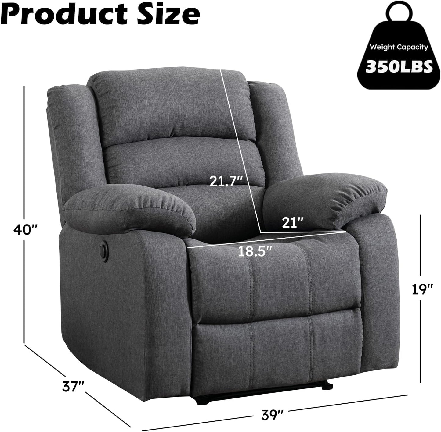 EBELLO Classic Power Recliner Chair, Oversized Electric Reclining Chair with Overstuffed Cushion and Back, Soft Fabric Adults Single Recliner Sofa for Living Room, Set of 2 Grey
