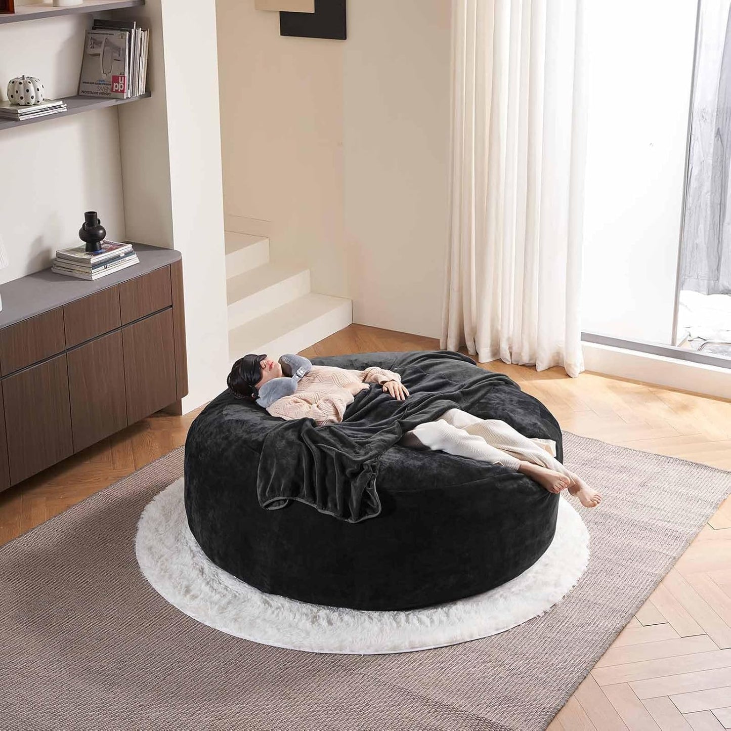 6FT,Oversized Bean Bag Chairs for Adults,Giant beanbag with Filler Included，Fluffy Memory Foam,Soft and Comfy Corduroy Fabric,Gaming Chairs Suitable for Living Room and Bedroom (Black, 6 Foot)