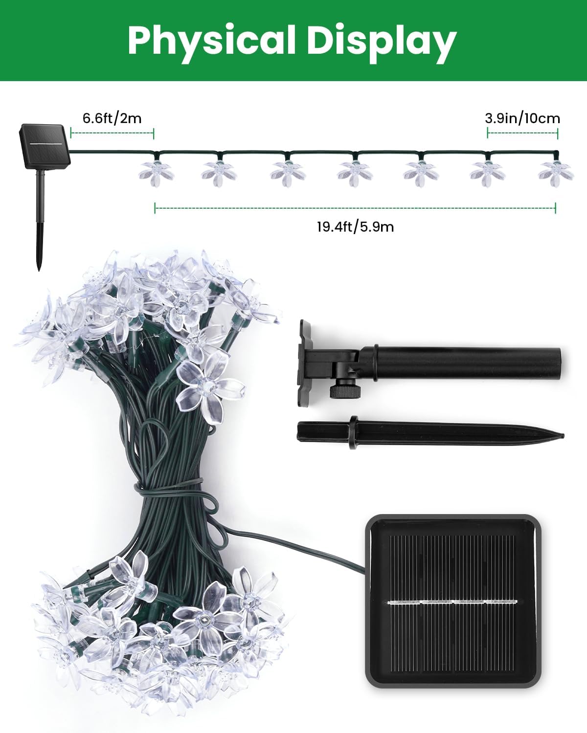 Brightown 60 LED Flower Solar Lights String Outdoor Waterproof Fairy Lights for Garden Yard Fence Patio Christmas Tree Wedding Party Decor, Green