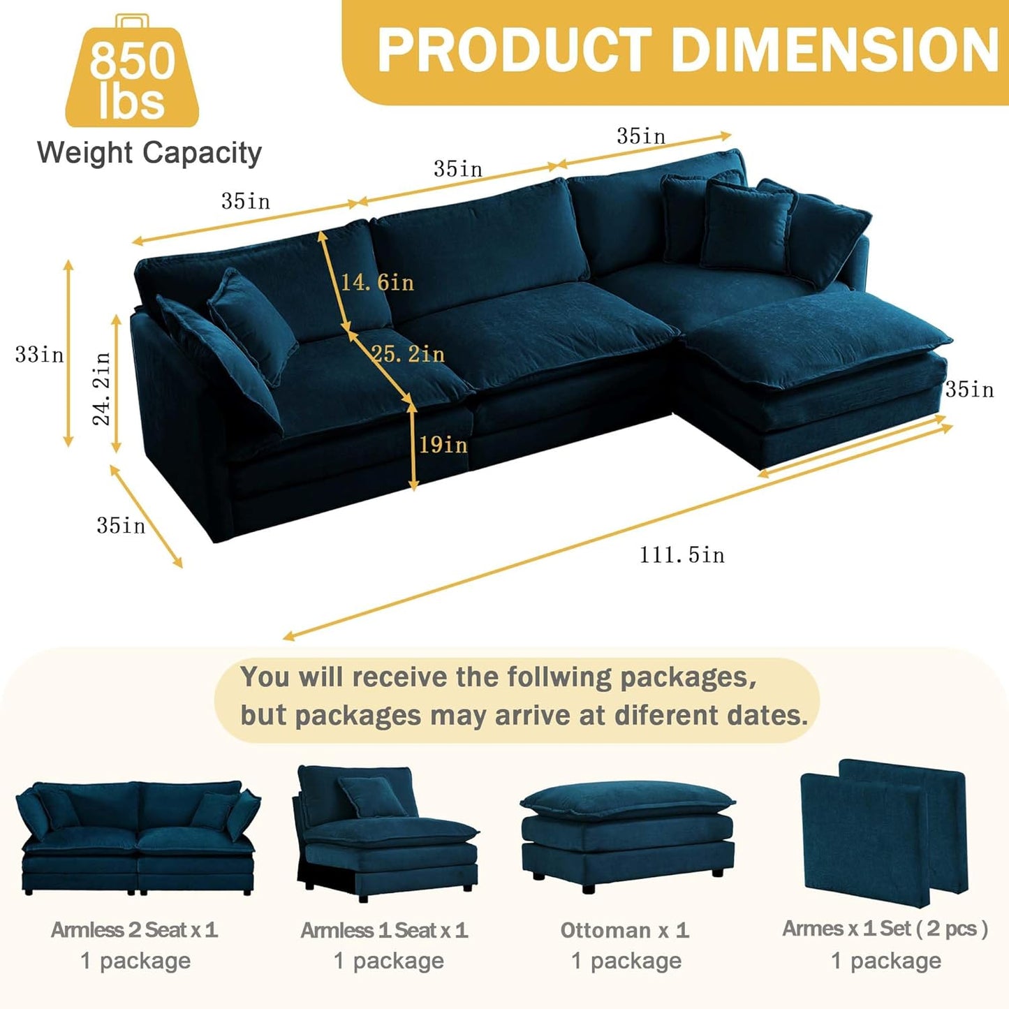 Sectional Sofa 3 Seater with Movable 1 Ottoman,Oversized Modular Couch Deep Seat (Blue, 111.5 inch-L)